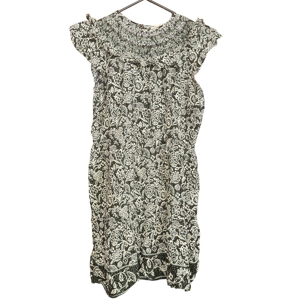 Loft Black White Floral Mini Dress S w/green accents Smocked Ruffle Resort Beach